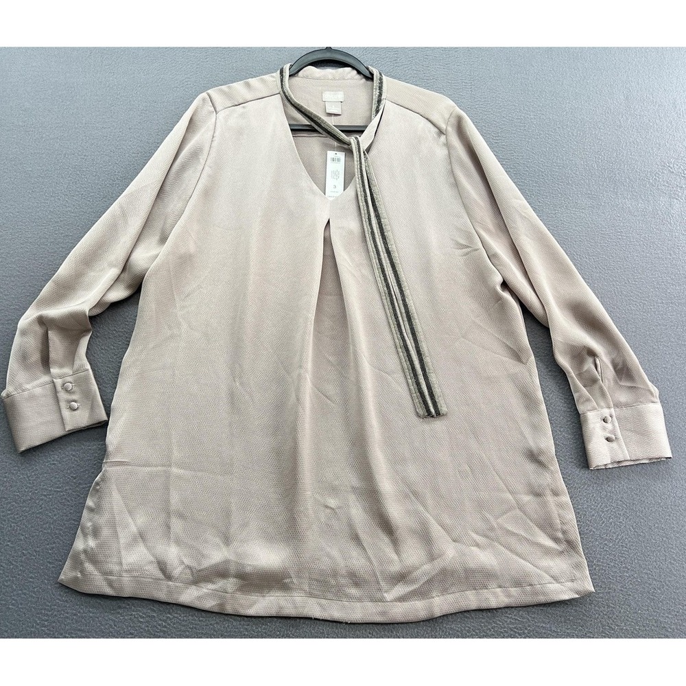 Chico's Blouse Women's 16/18 Dusty Taupe Ball Chain Trim Satin Tunic NWT